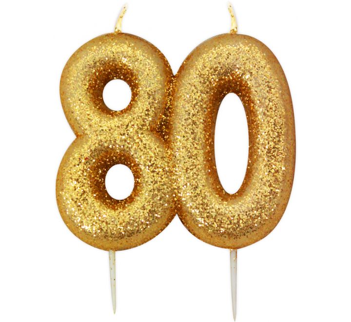 Age 80 Glitter Numeral Moulded Pick Candle Gold