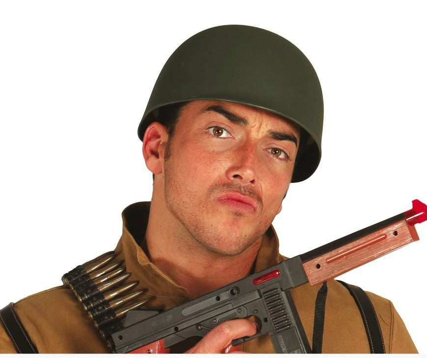 Person wearing a military helmet and holding a toy rifle with a white background