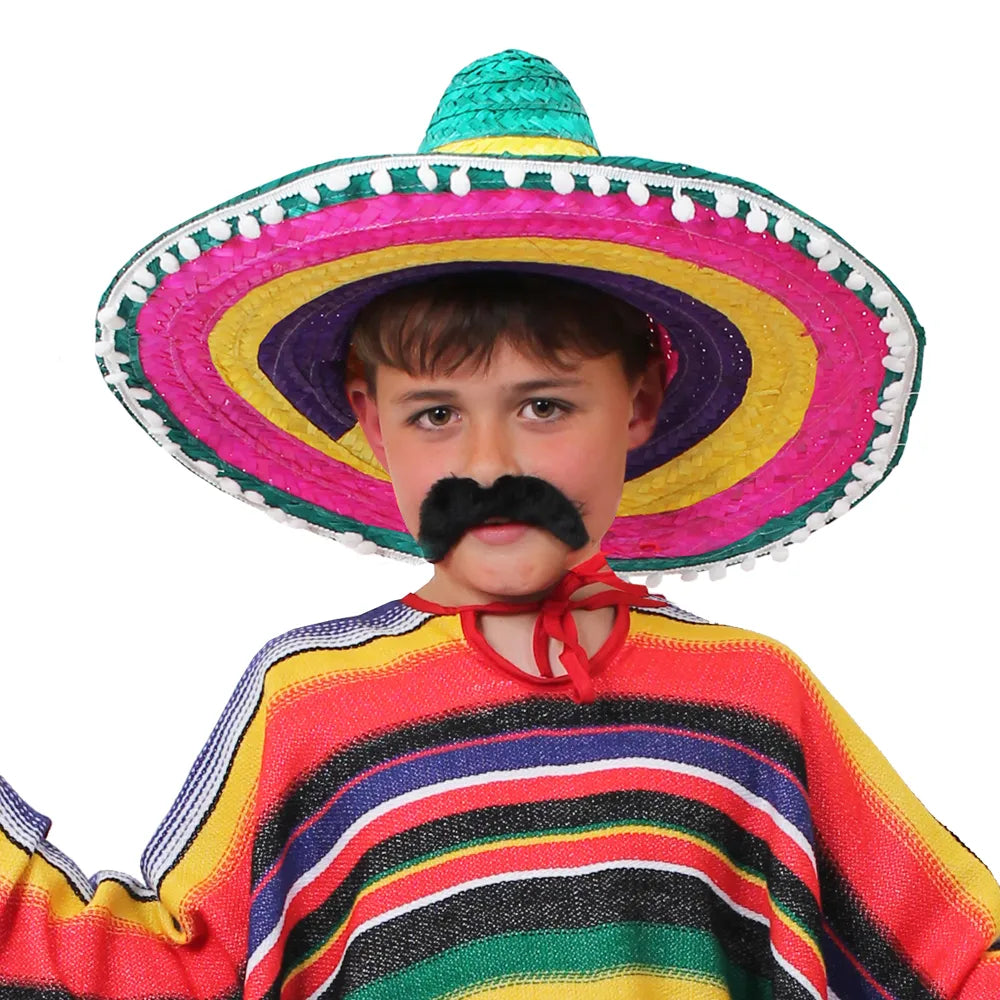 Multi Coloured Children's Mexican Sombrero with Pom Pom Edging