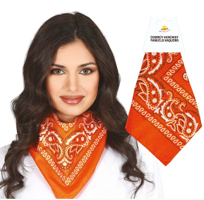 Woman wearing an orange bandana with white patterns, next to a close-up of the bandana on a white background.