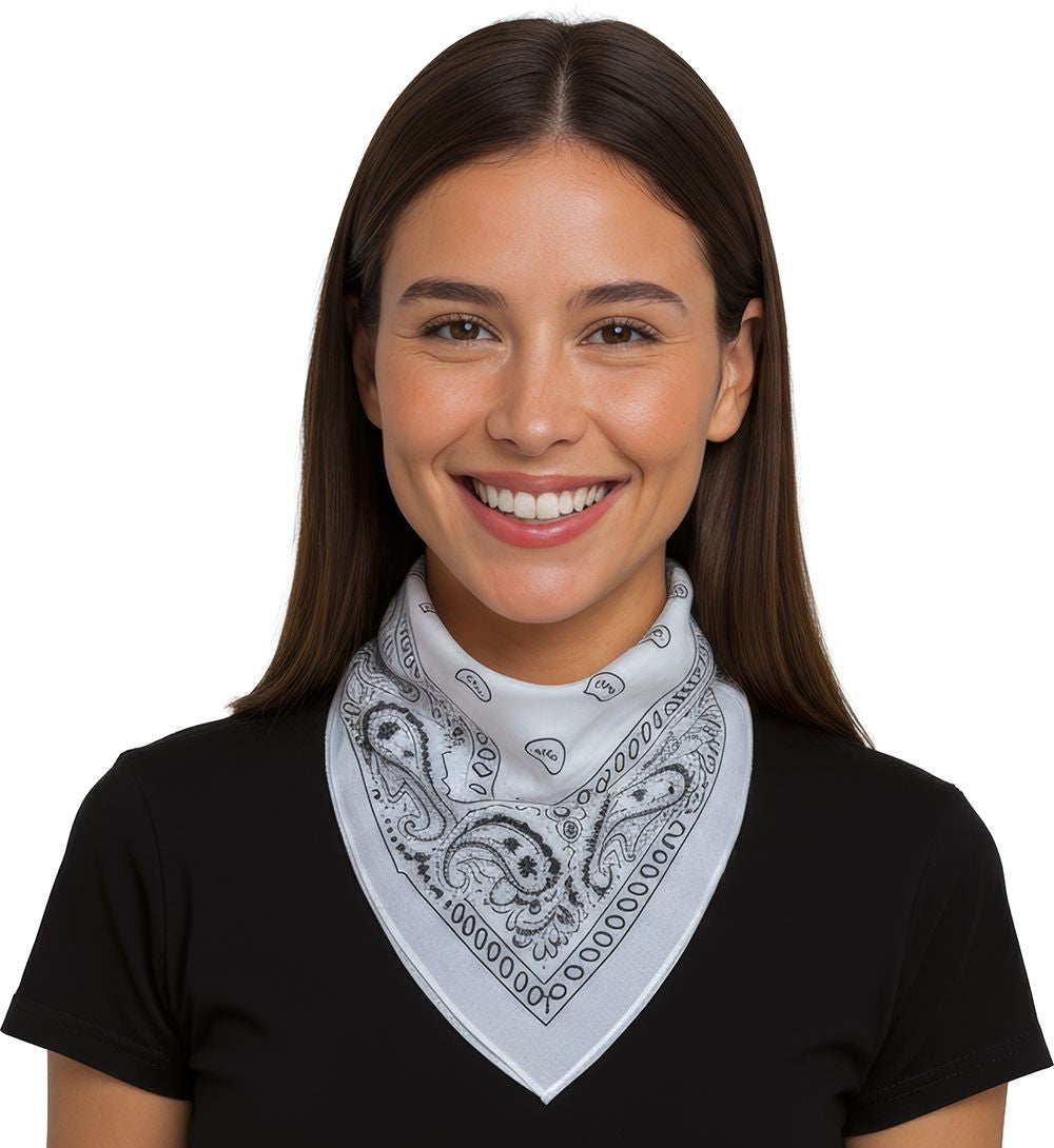 Woman wearing a black shirt with a white bandana featuring black patterns on a white background