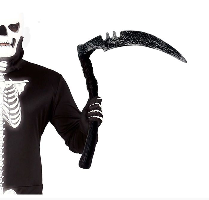 A person wearing a black Grim Reaper costume and mask, holding a large black scythe prop against a plain white background.