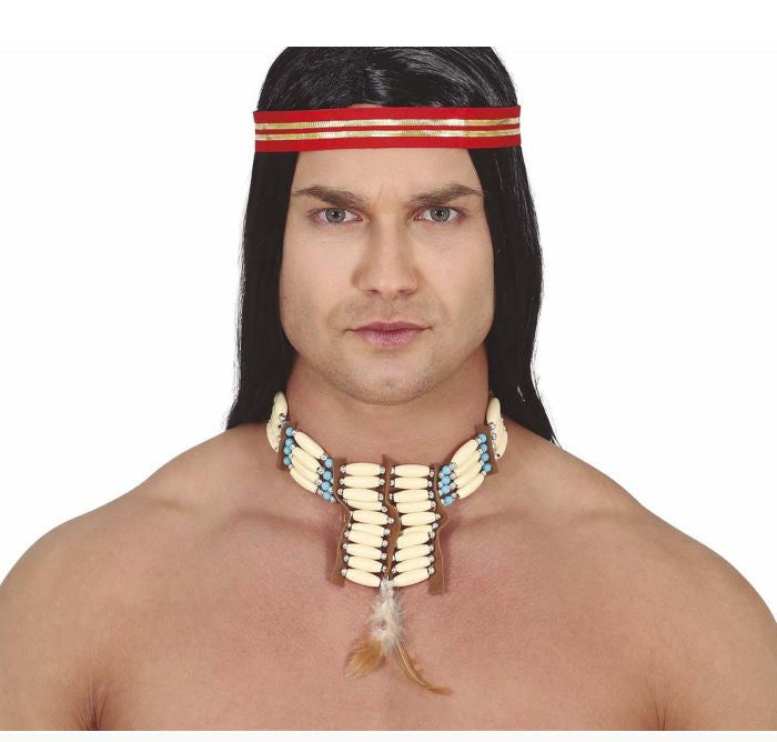 A man wearing a costume necklace and headband. The costume features a cream-colored bone-like collar with blue and white bead accents, a feather detail, and a red headband with gold stripes.