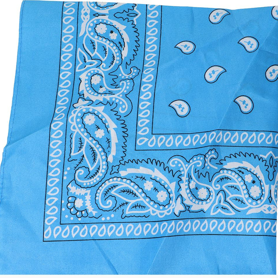 Blue bandana with white paisley patterns on a white background