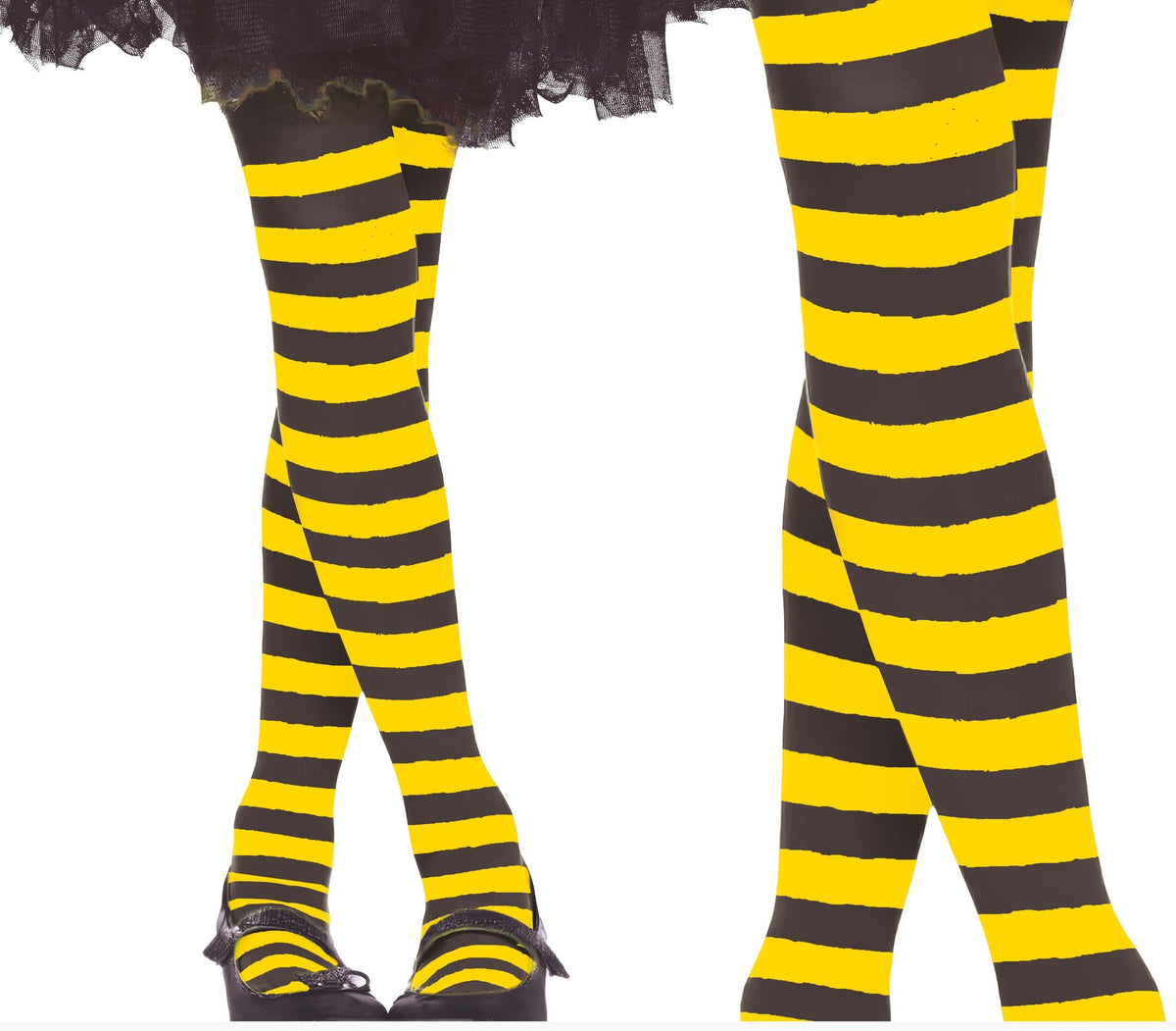 Black and yellow striped tights worn with a black skirt on a white background.