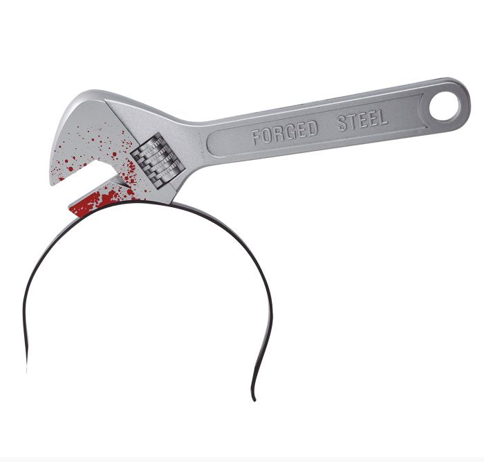 A novelty wrench-shaped headband. The headband is made of black metal wire, while the wrench head is a silver-colored forged steel plate decorated with red splatters resembling blood, featuring a small checkered pattern and the embossed text 'FORGED STEEL'.