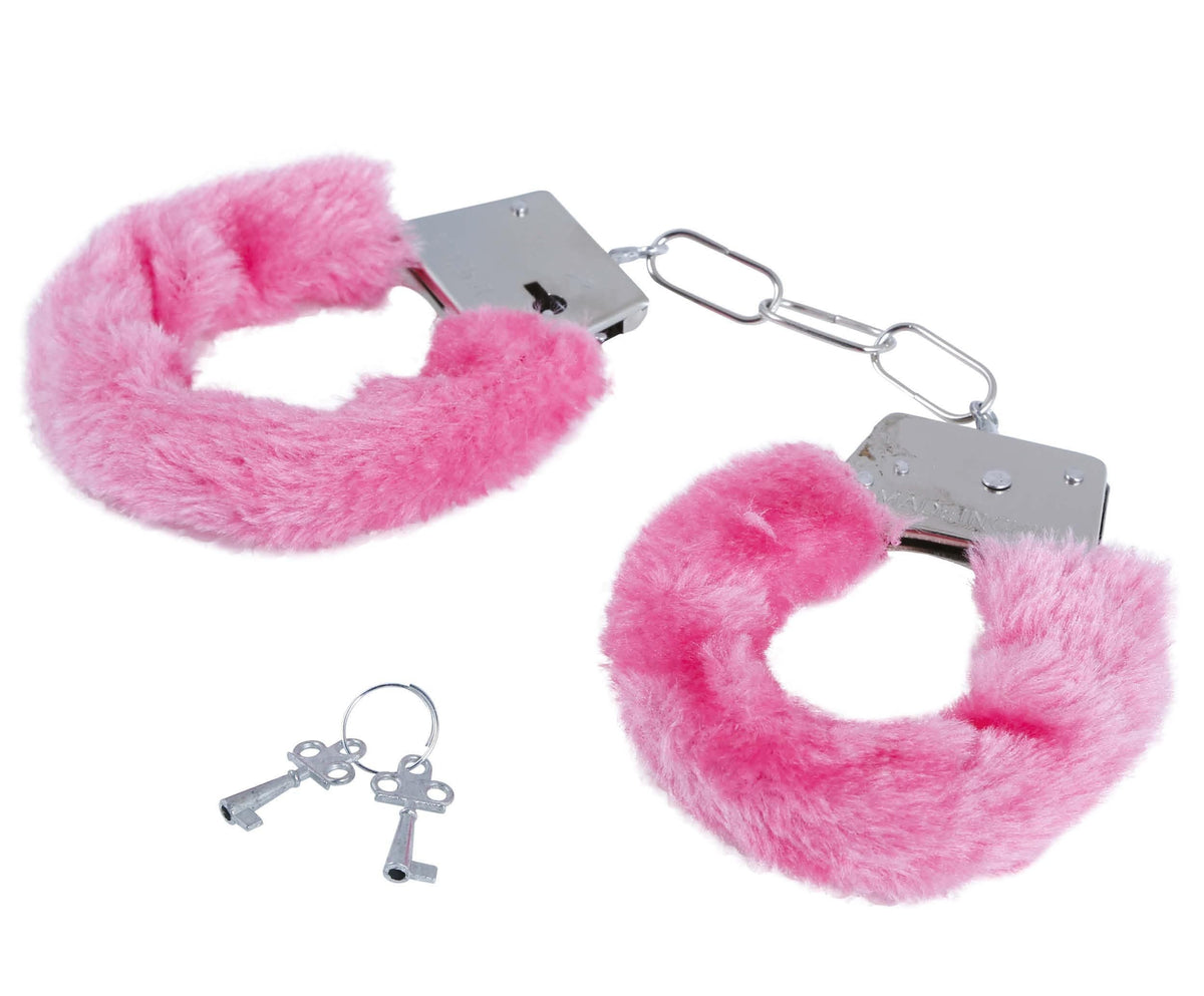 Pink fluffy handcuffs with silver locks and keys on a white background
