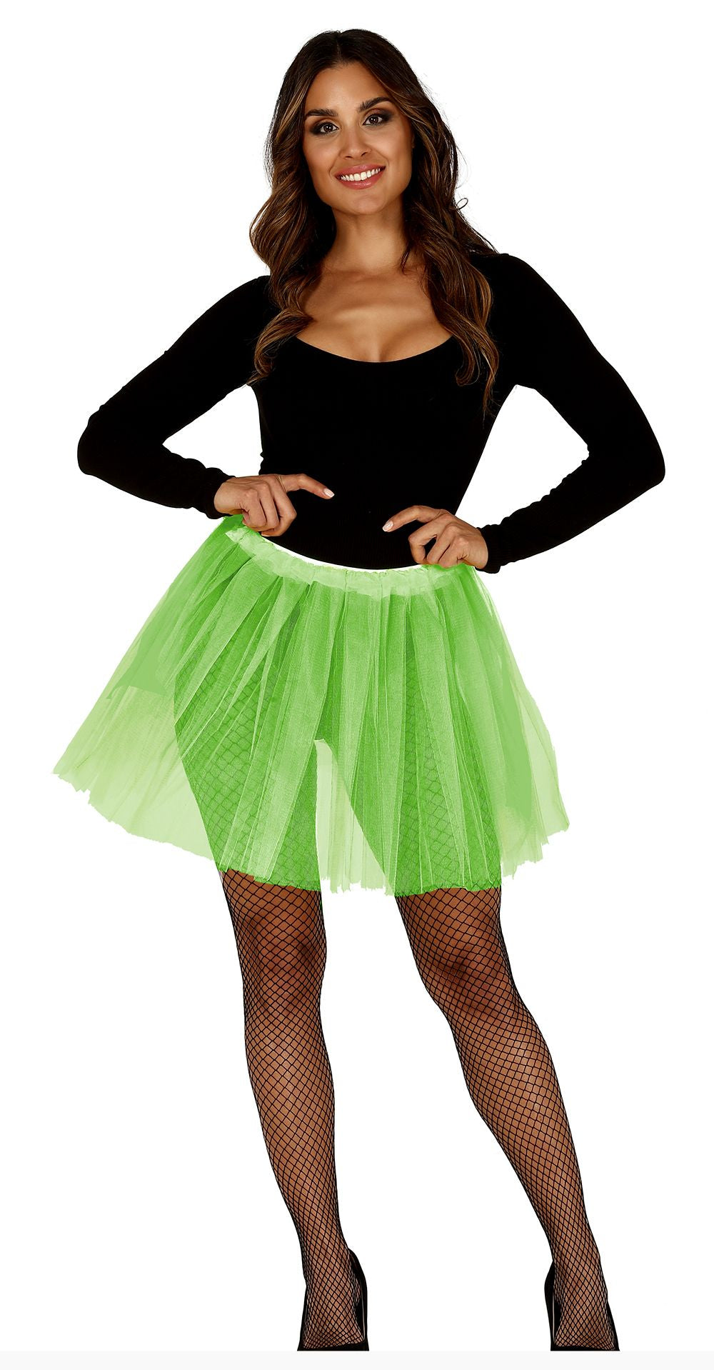 A woman modeling a bright lime green tutu skirt with a black long-sleeve top and black fishnet tights against a plain white background.