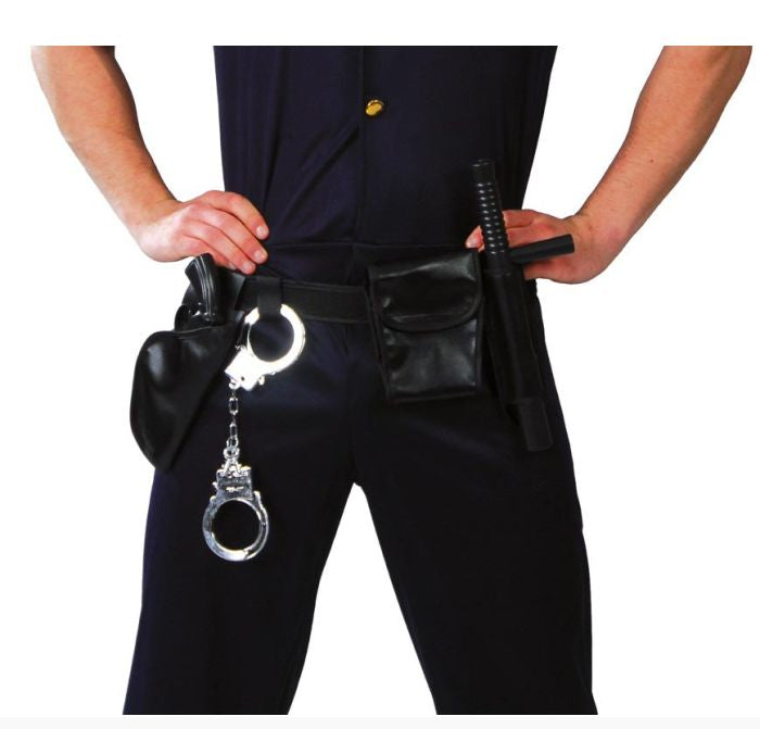 Person wearing a police costume with handcuffs and baton on a white background