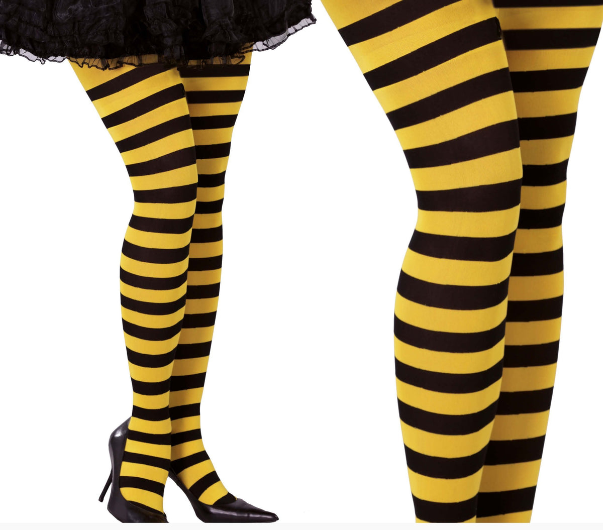 Yellow and black striped tights worn with black shoes on a white background