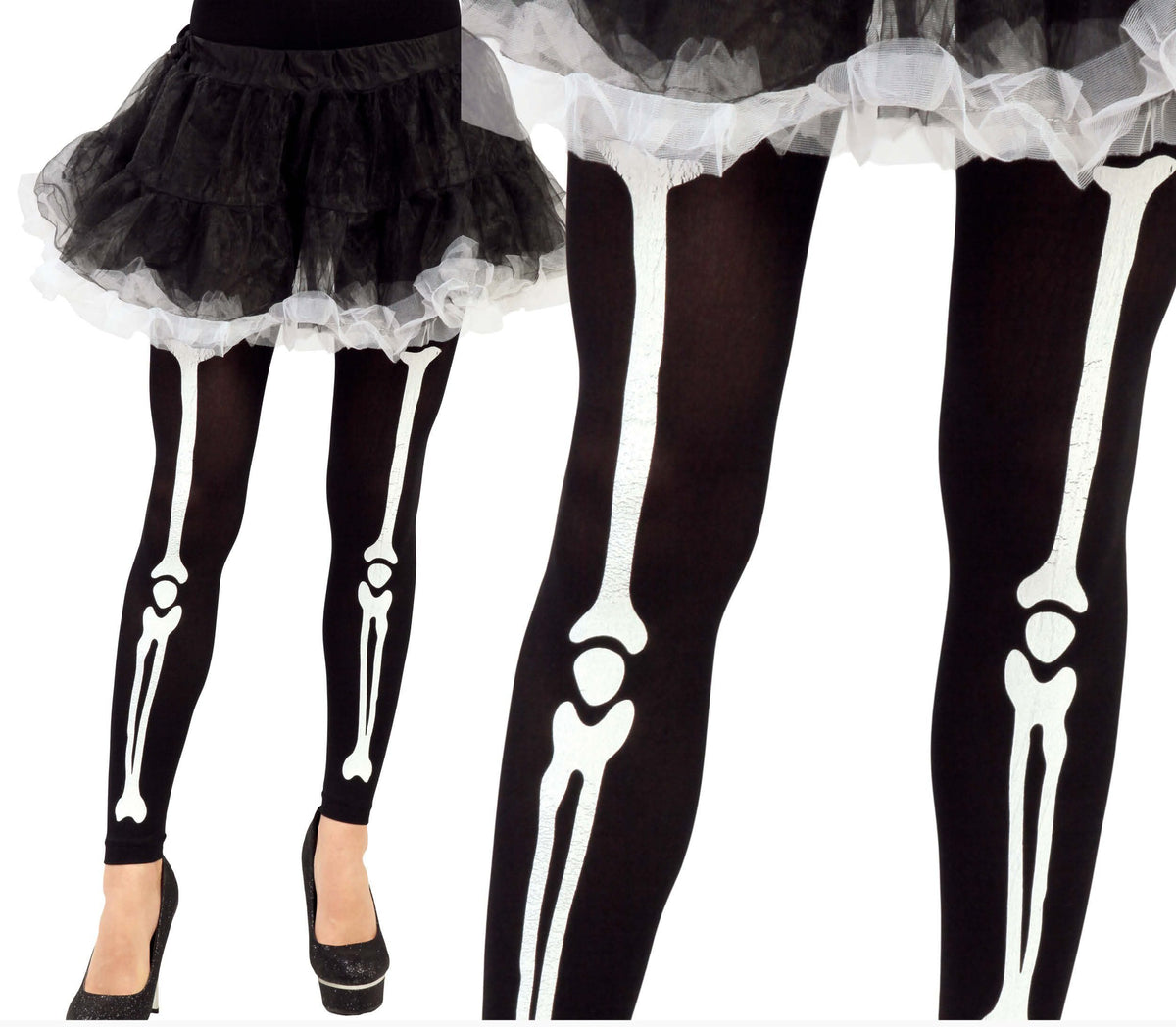 Skeleton tights with a tutu on a white background