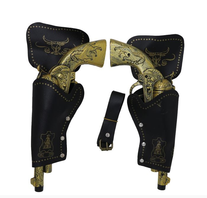 Pair of gold and black cowboy revolvers with holsters on a white background