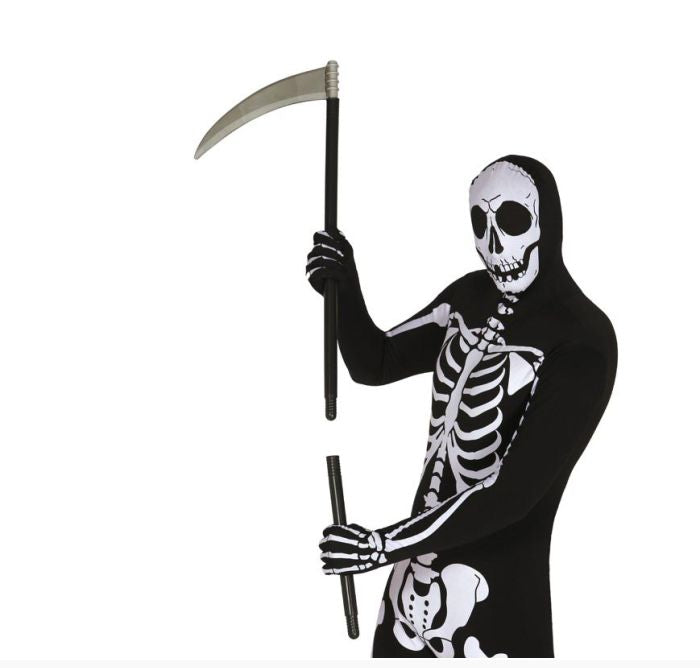 A person wearing a Grim Reaper Halloween costume, including a black hooded bodysuit with white skeleton print, holding a large prop scythe, on a plain white background.
