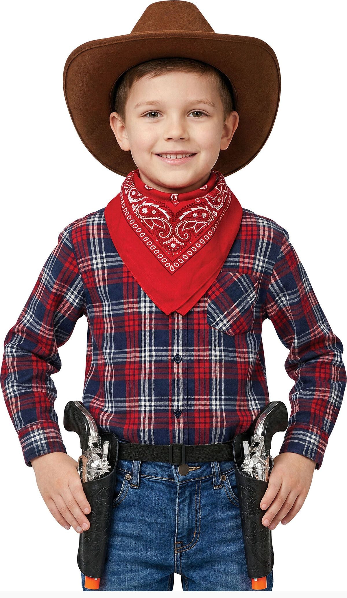A young boy modeling a western-themed costume set by Fiestas Guirca, featuring a brown cowboy hat, red bandana, red and navy plaid shirt, blue jeans, and black toy holster with silver toy guns, against a plain white background.