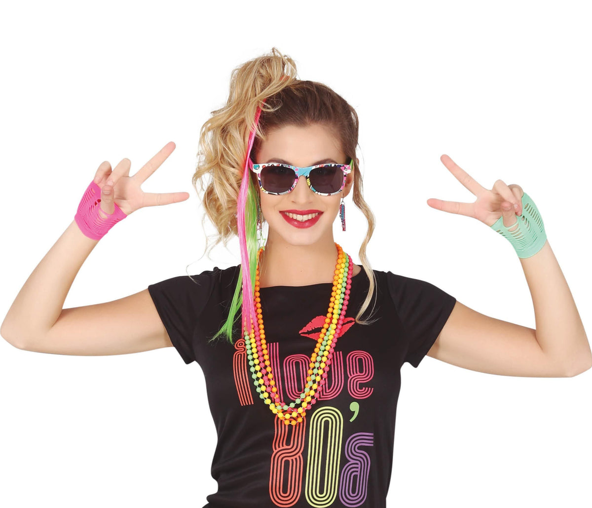 A person wearing a 1980s dress-up kit with a necklace, goggles, gloves, earrings, and hair extensions.