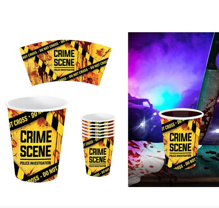 Crime scene themed paper cups and cup sleeves with a yellow and black police tape design, shown on a white background with a purple-lit themed scene on the right.