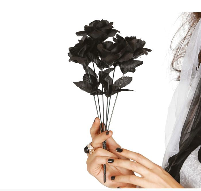 Gothic Bride Black Roses Bouquet, 35cm