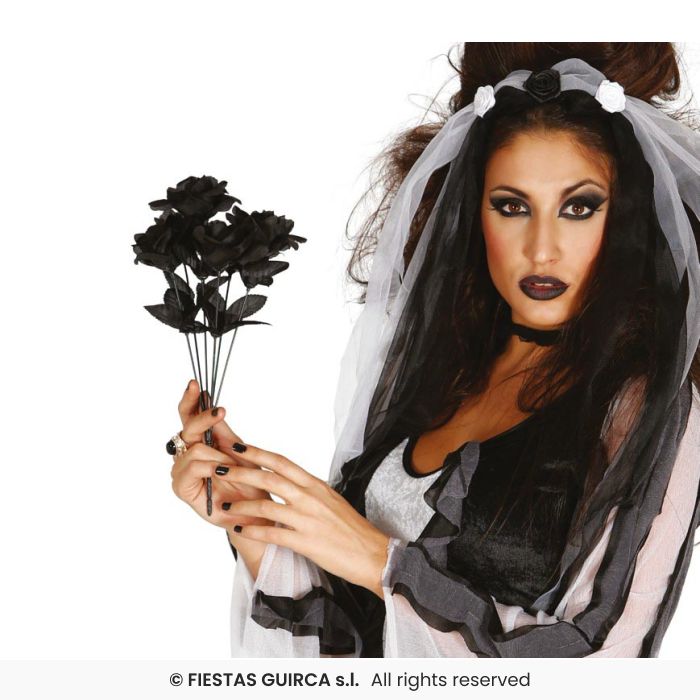 Gothic Bride Black Roses Bouquet, 35cm