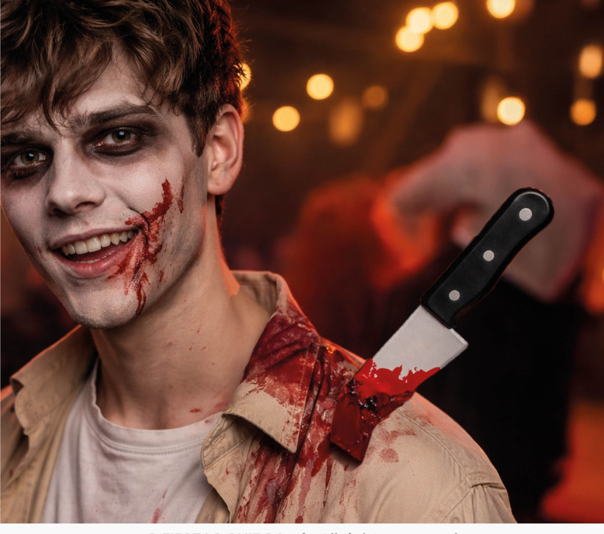 A man with zombie-style makeup and blood on his face and shirt holds a knife with a bloody handle in a dark, warmly lit setting. A copyright watermark for Fiestas Guirca s.