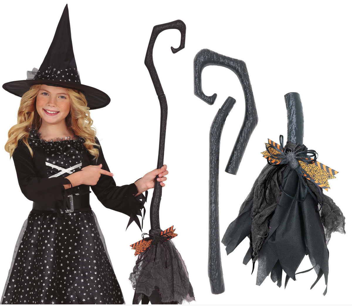 Child in witch costume with broom and hat, featuring FIESTAS GUIRCA branding.