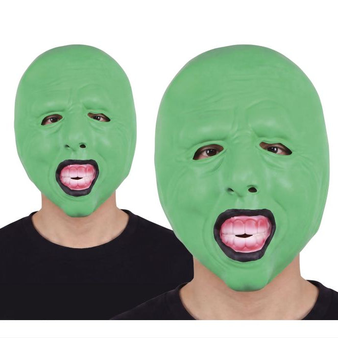 Two people wearing green screaming masks against a white background, with a copyright notice for Fiestas Guirca s.j.