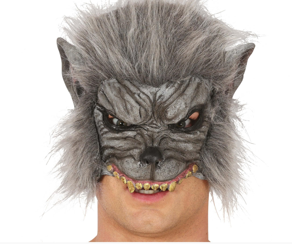 Gray wolf mask with detailed face and fur on a white background