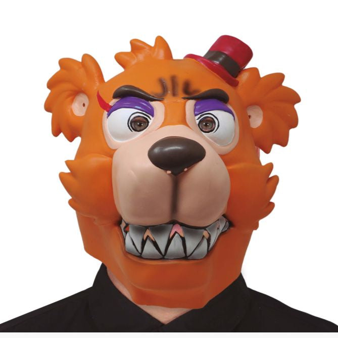 Mask with a cartoonish design of a bear wearing a top hat on a white background