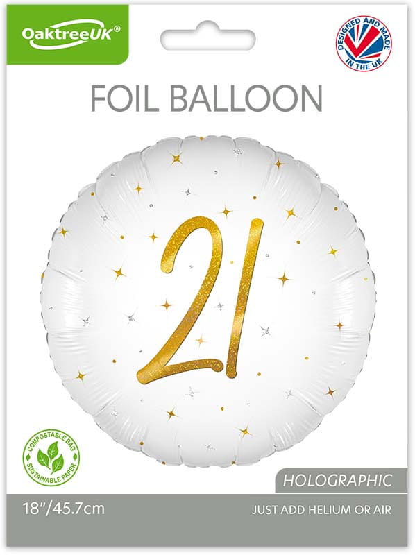 21st Birthday Elegant Sparkle White & Gold Holographic Balloon