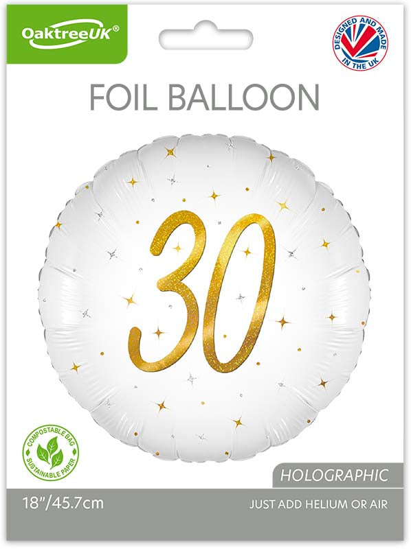30th Birthday Elegant Sparkle White & Gold Holographic Balloon