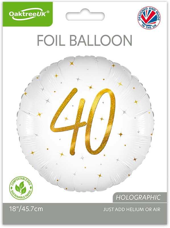 40th Birthday Elegant Sparkle White & Gold Holographic Balloon