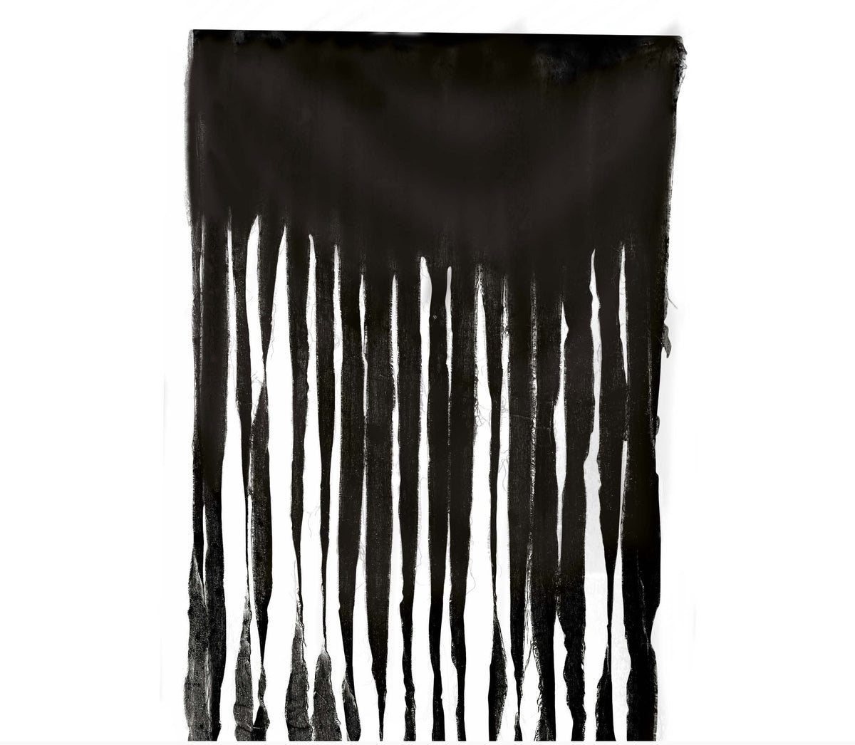 A black hanging fabric curtain or door panel with irregularly shaped fringe-like strands, shown against a plain white background.