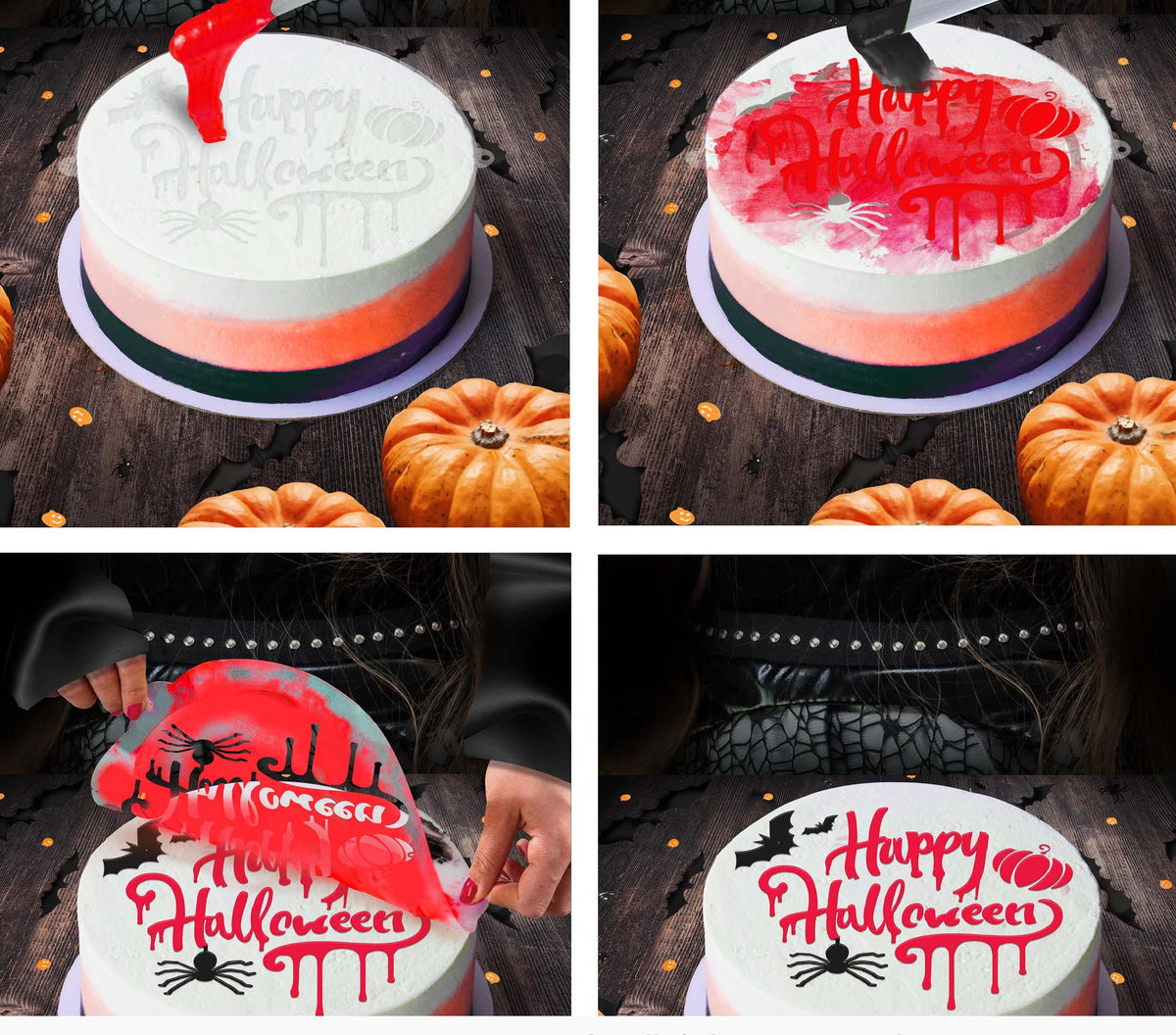 A four-panel collage showing a round white cake decorated for Halloween. The cake has a black and orange gradient band near the bottom, and the panels show the cake being decorated with red icing text reading 'Happy Halloween,' black spider and bat motifs, and a red icing drizzle.