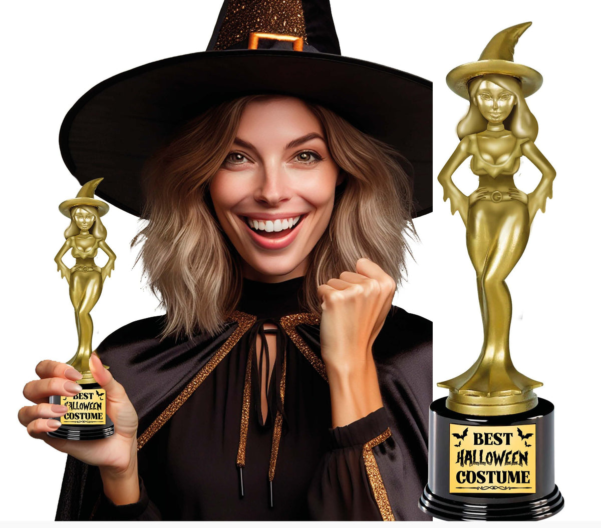 A smiling woman in a black witch costume holds a small gold Best Halloween Costume trophy, with a larger version of the same gold trophy on a black base shown beside her against a white background.