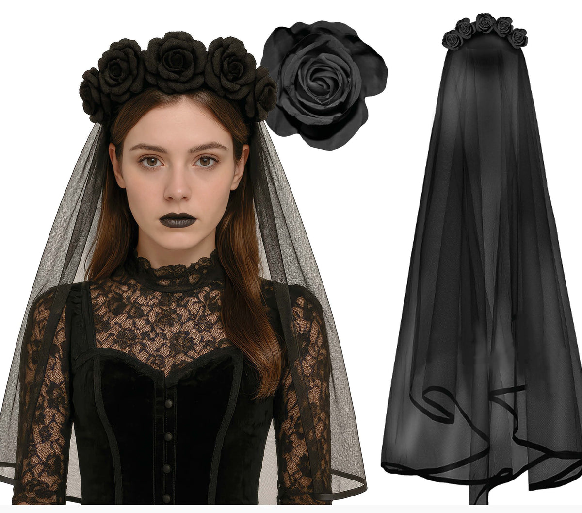 Woman wearing a black lace dress with a black veil and floral headpiece on a white background.