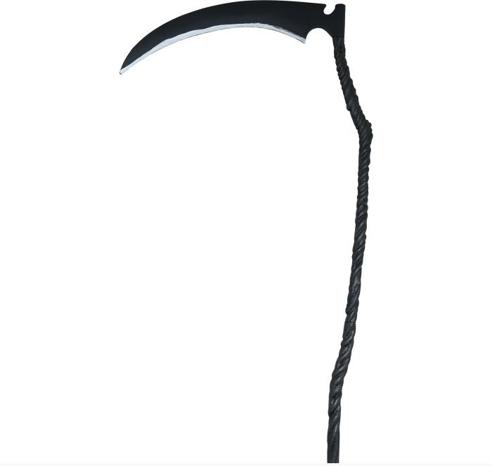 A black plastic grim reaper scythe prop with a curved blade and a twisted handle.