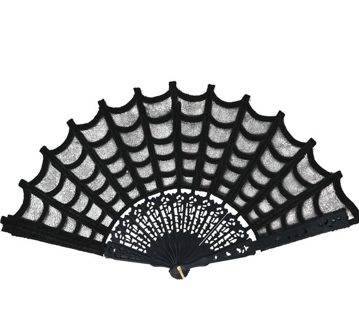 A black lace folding hand fan with a spiderweb design, featuring a black frame and semi-sheer black mesh webbing, shown against a plain white background.