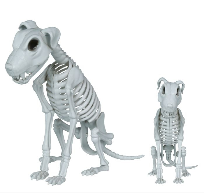 Two white dog skeleton figurines, one large and one small, shown on a plain white background with a copyright notice for Fiestas Guirca s.j.