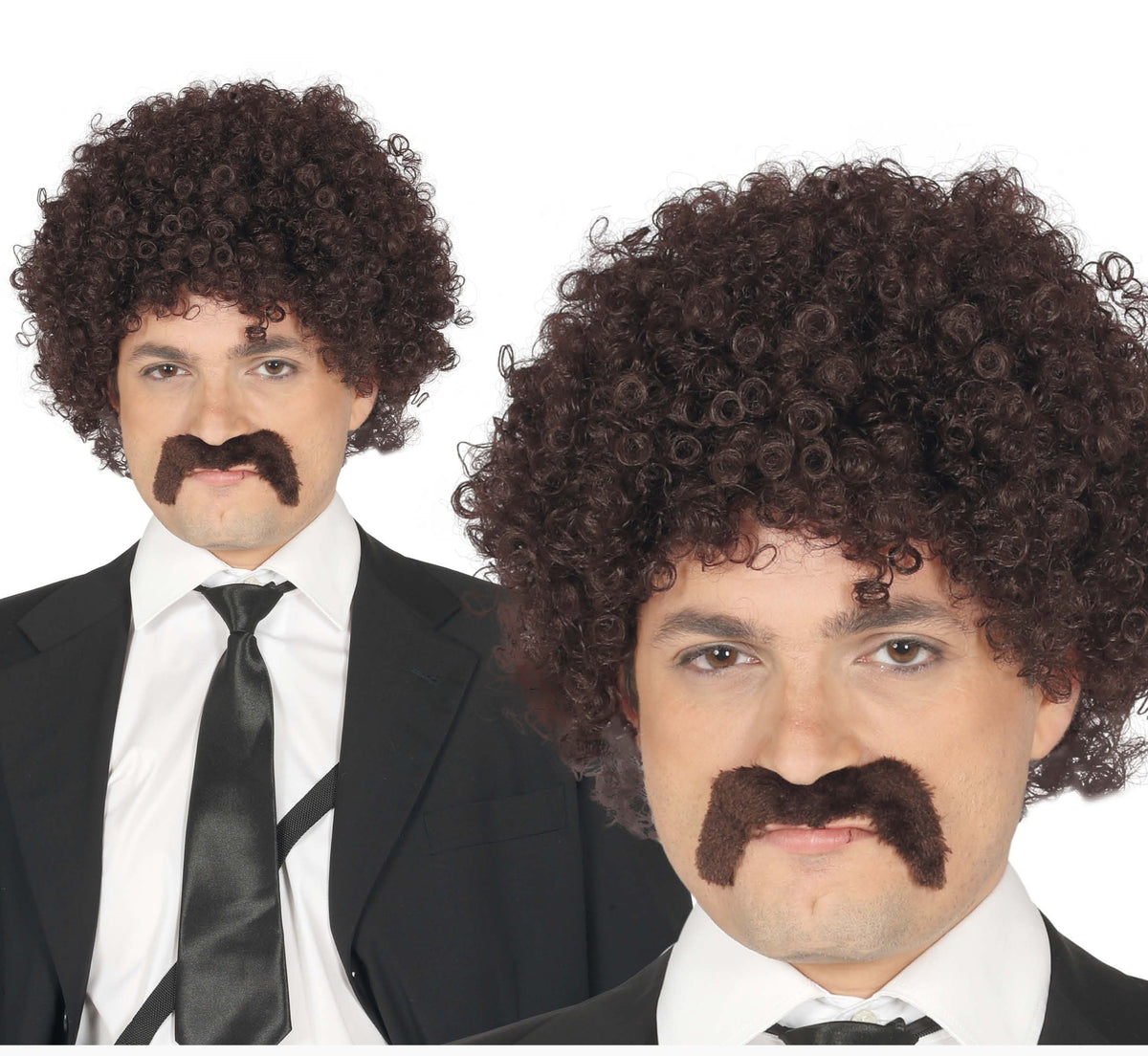 Brown Curly Afro Style Wig with Moustache