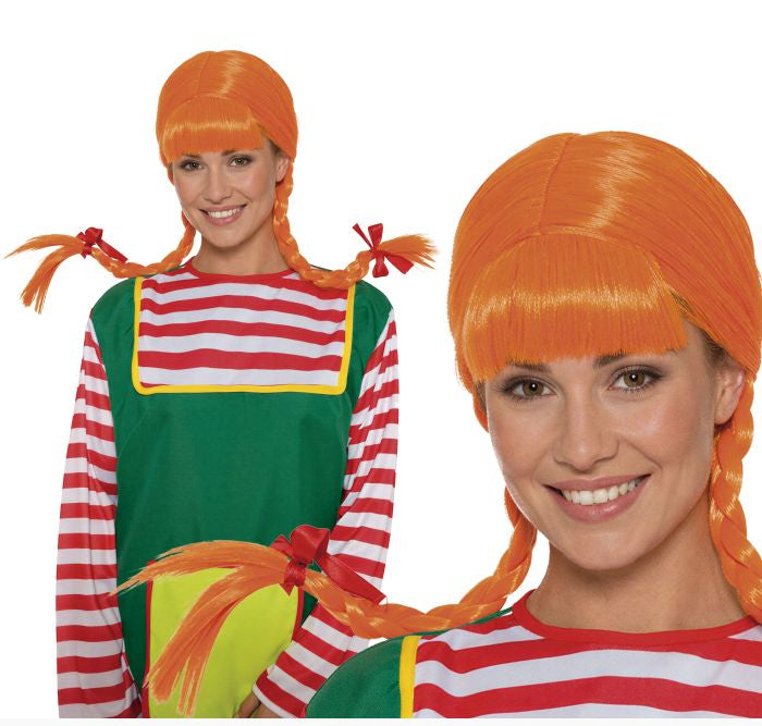 A woman modeling a festive costume wig with bright orange braided pigtails and bangs, shown in two views against a white background: a full-body view wearing a green vest over red-and-white striped sleeves, and a close-up of the wig and upper body.