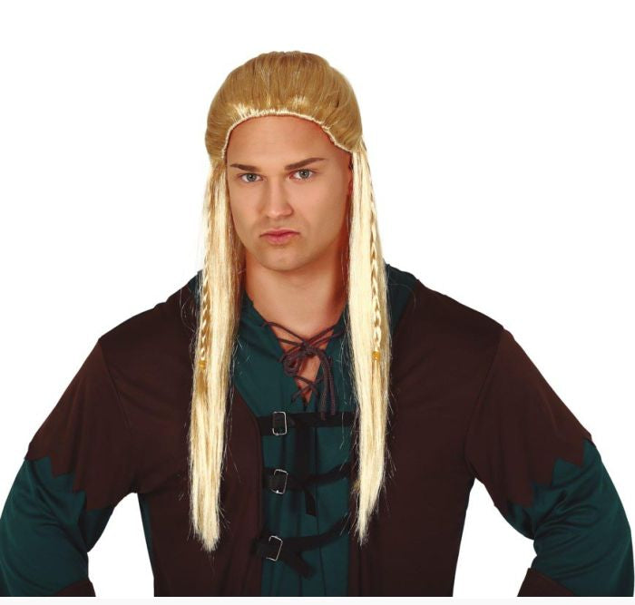 A man wearing a Viking-style costume wig with long blonde hair and braids, paired with a dark brown and teal costume top, against a plain white background.