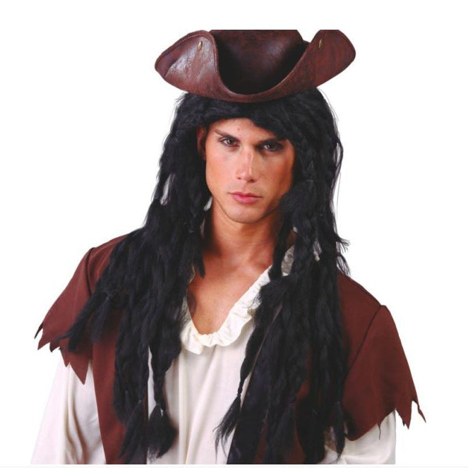 Person wearing a pirate costume with a brown tricorn hat and long dark wig on a white background.