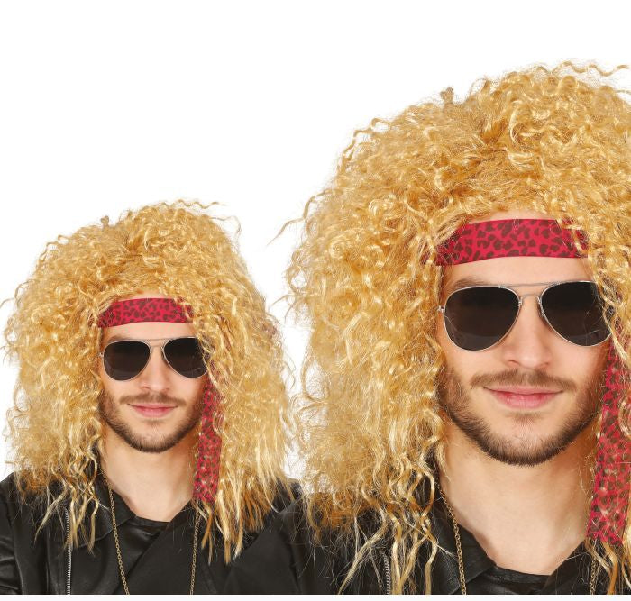 Two views of a person with blonde curly wig and sunglasses, wearing a red headband.