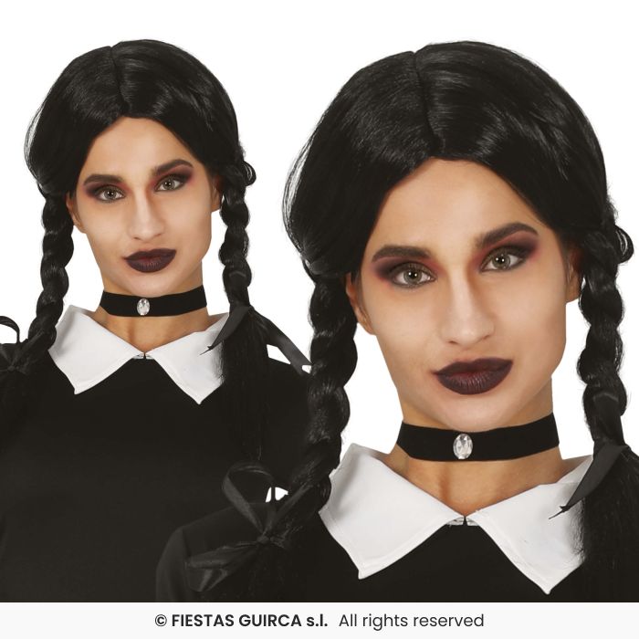 Black Braided Wig with Bows No Fringe - Childs