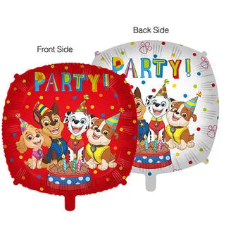 Two sides of a balloon featuring cartoon characters and 'PARTY!' text on a white background.