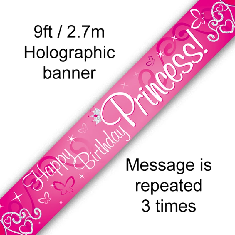 9ft Banner Happy Birthday Princess Holographic