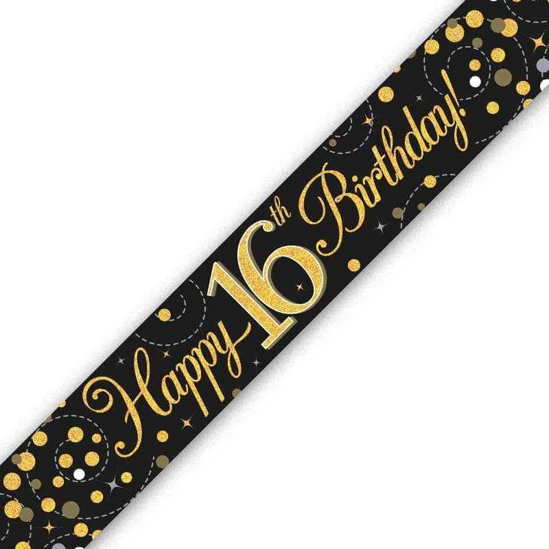 9ft Banner - Black & Gold Sparkling Fizz Happy 16th Birthday