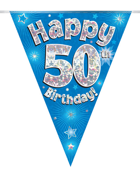 Happy Birthday 50th Blue Holographic Party Bunting