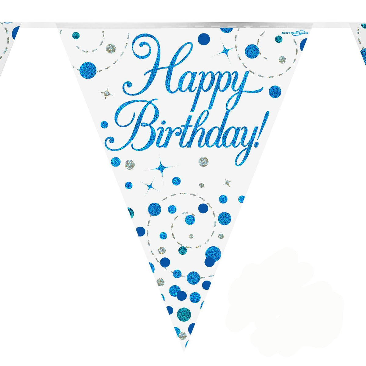 Holographic birthday banner with 'Happy Birthday!' text and blue polka dots on a white background.