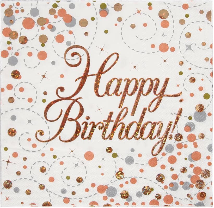 Happy Birthday Sparkling Fizz Rose Gold Napkins - 16pcs