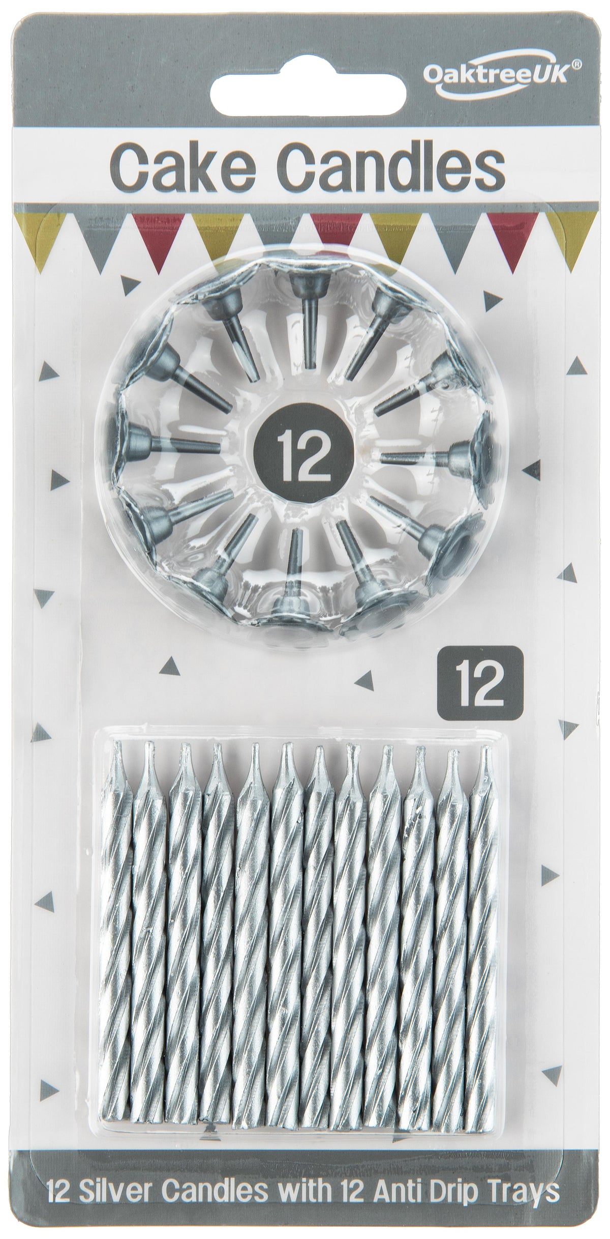 Spiral Cake Candles Metallic Silver 12 Candles and 12 Holders